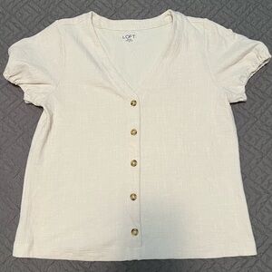 LOFT Outlet Cream V-Neck Puffy Sleeve Button Blouse